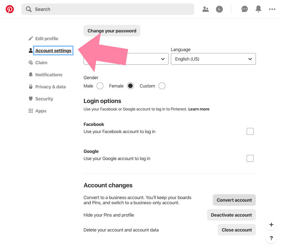 pinterest business account settings