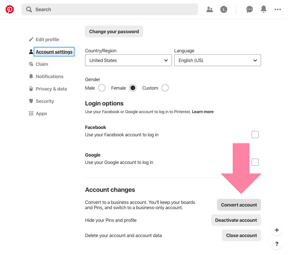 convert your pinterest account to a business account