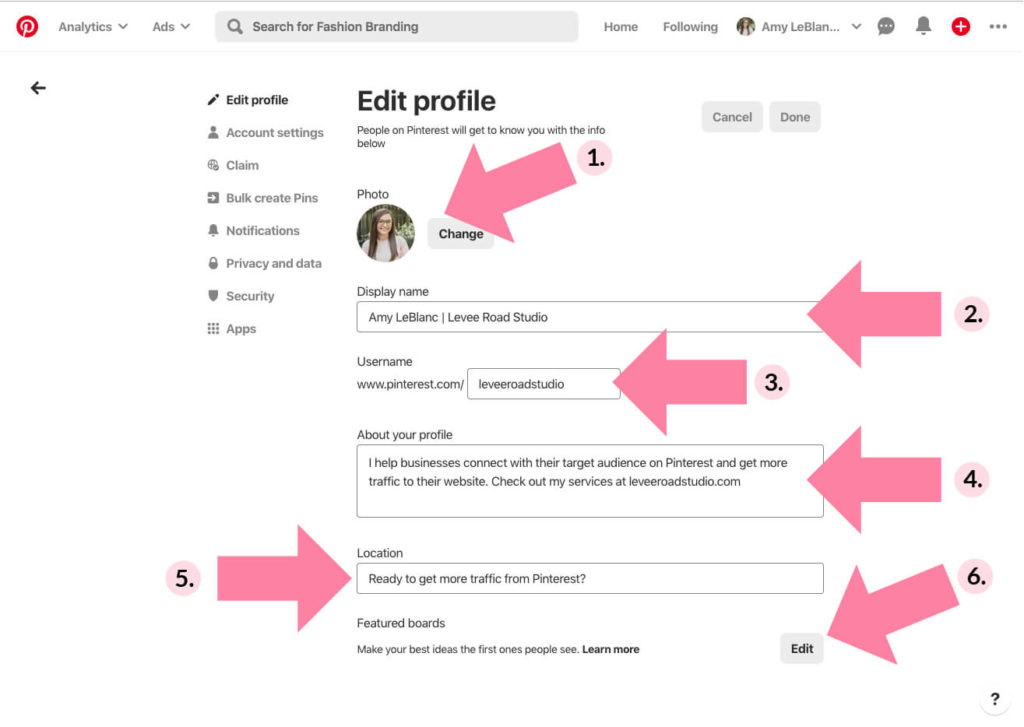 pinterest business account profile set up settings