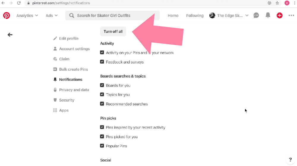 notifications on pinterest business account set up