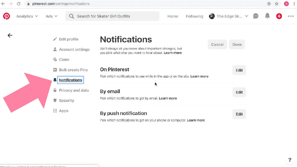pinterest business account set up notifications