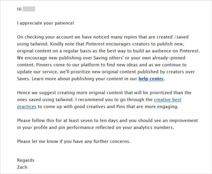 Screenshot of email from Pinterest help desk