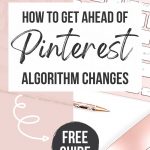 text overlay how to get ahead of pinterest algorithm changes free guide with pink keyboard and mouse in background