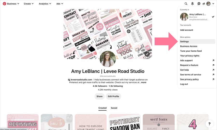 Screenshot of Pinterest account showing the location of the Settings tab