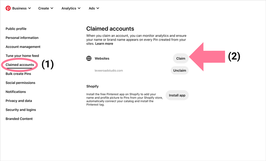 screenshot of Pinterest account claim settings