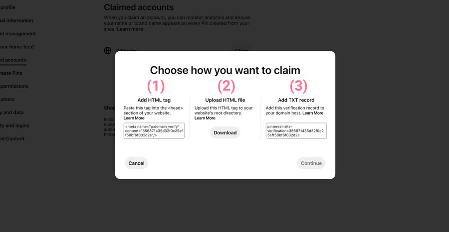 screenshot of Pinterest settings showing the 3 options provided to claim a domain or subdomain on Pinterest