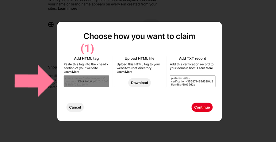 screenshot of Pinterest settings showing the HTML tag option to claim a domain or subdomain on Pinterest