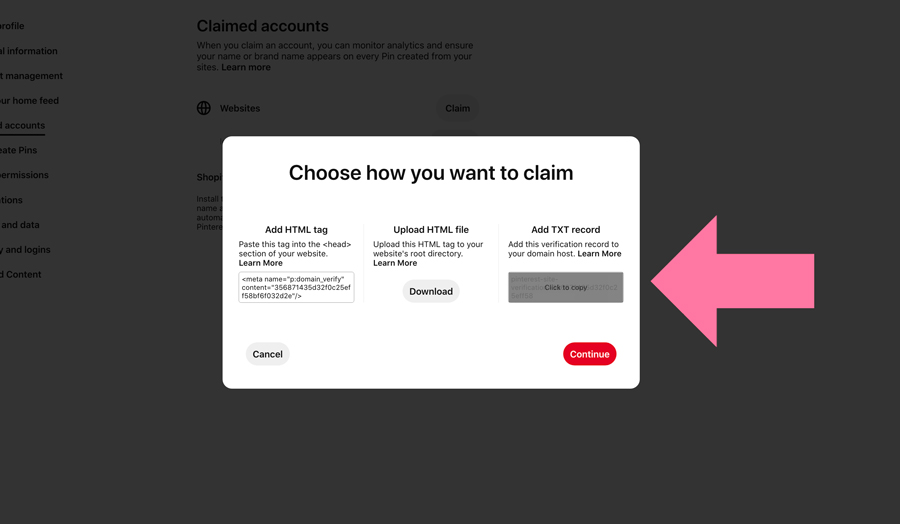 screenshot of Pinterest settings showing the TXT record option to claim a subdomain on Pinterest