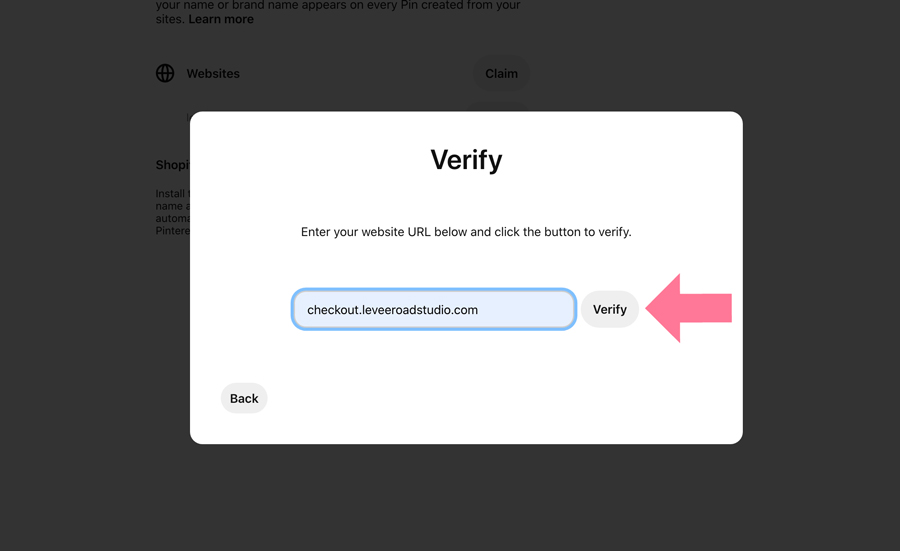 screenshot of how to claim a subdomain on Pinterest with verify button