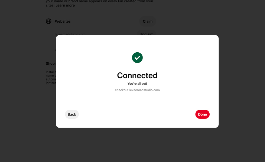 screenshot of connected subdomain claimed on Pinterest with TXT record