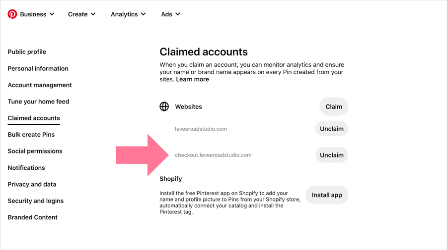 screenshot of claimed websites in Pinterest settings with arrow pointing to verified subdomain for thrivecart checkout