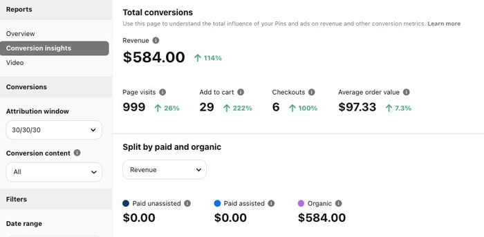 Screenshot of e-commerce Pinterest analytics results