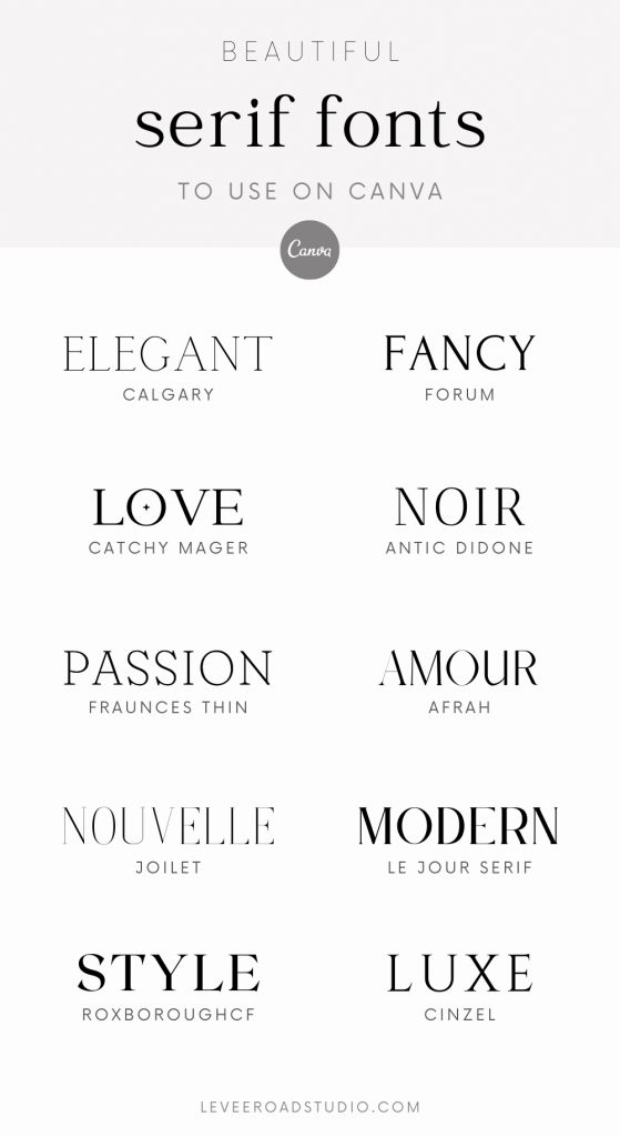 List of 10 best serif fonts on Canva with gray background.
