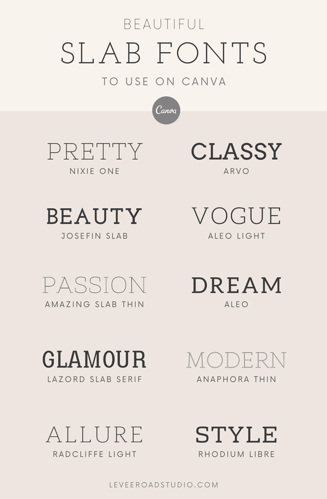 List of 10 beautiful slab serif fonts on Canva with beige background.