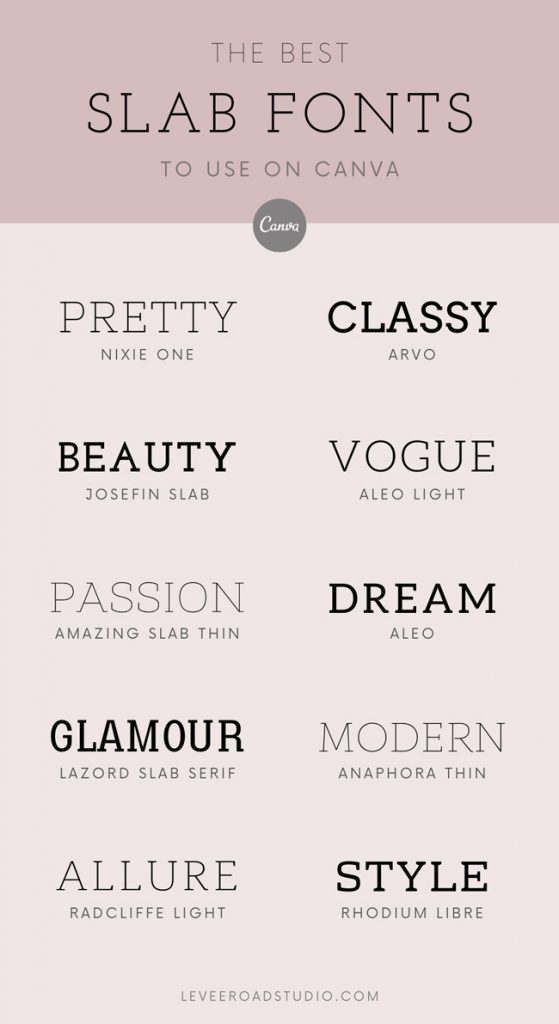 List of 10 best slab serif fonts on Canva with pink background.