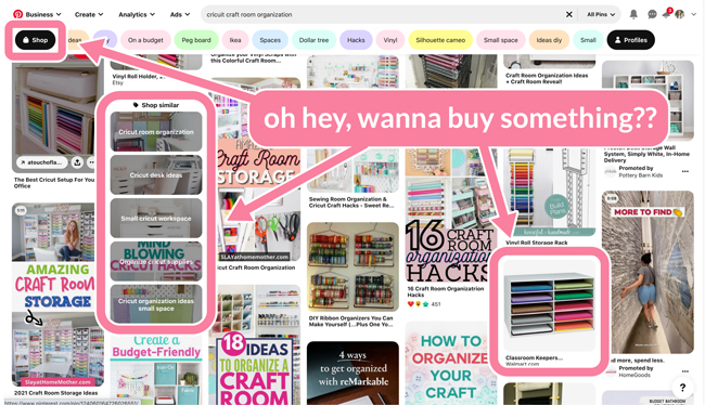 screenshot of Pinterest search showing the shopping opportunities on the Pinterest platform