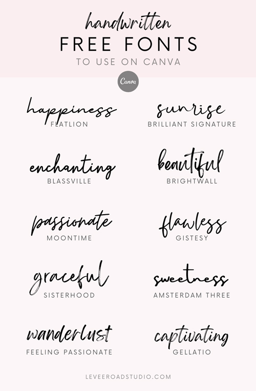 10 best hand writing script fonts on canva listed out on a light pink background