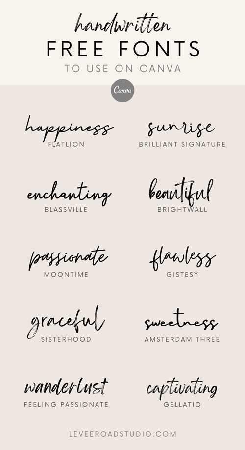 10 hand writing script fonts to use for free on canva listed out with examples on a light tan background